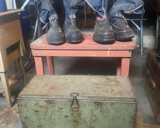 Bench, Boots, and Metal Box