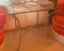 Chrome and Brass Bass Glass Topped Table (blue and white dishes have been sold)
