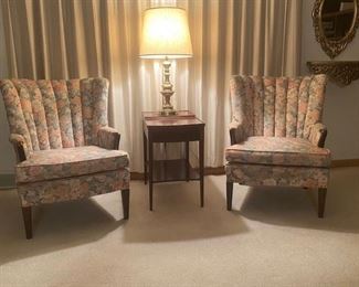 Pair or 1940s Channel Backed Chairs with Mersman Mahogany Inlaid Table (there are a pair of tables the second table is not pictured) and Solid Brass Lamp (there are a pair of lamps the second lamp is not pictured)