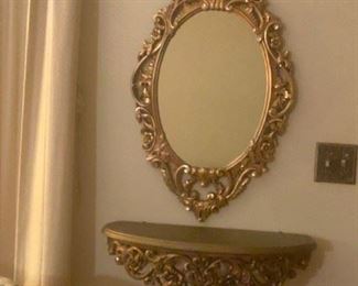 Mid-Century Gold Mirror and Matching Ledge