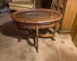 Wood Table with Carved Fruit SIde View