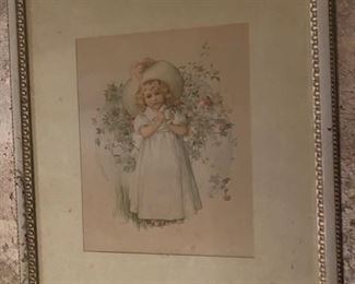 Antique Girl with Flowers Print in Antique Frame 