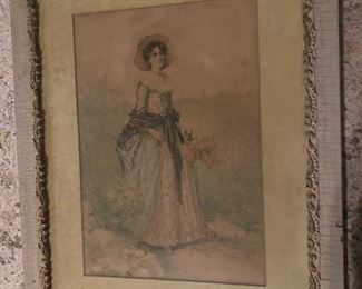Antique Woman with Flowers Print in Antique Frame 