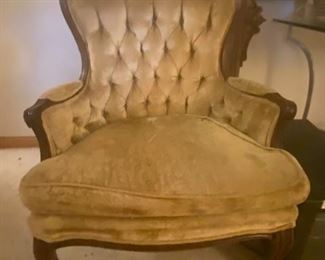 French Provencal Button Tufted Sam Moore Chair with Moss Green Upholstery (has a matching pair that has gold upholstery)