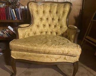 French Provencal Button Tufted Sam Moore Chair with Gold Upholstery (has a matching pair that has moss green upholstery)