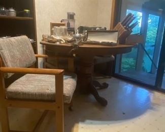 Solid Oak Table and Four Chairs (can be sold together or separately), Chicago Cutlery Knife Block and Knives