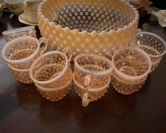 Gorgeous hobnail pink glass punchbowl and cups.