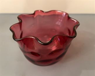 Vintage Cranberry Ruffled Edge Art Glass Bowl
