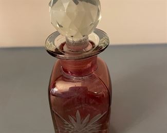 Vintage Etched Mauve Glass Bottle with Clear Faceted Stopper