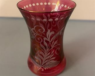 Vintage Ruby Red Small Etched Vase/Glass