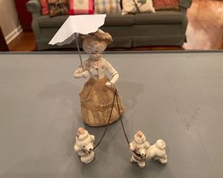 Vintage Porcelain Lady w/ Umbrella and Poodles Figurines