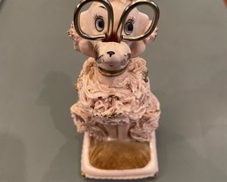 Vintage Pink Spaghetti Poodle Pin Cushion W/ Scissors