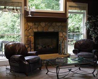 Thomasville leather recliners-Iron and glass coffee table