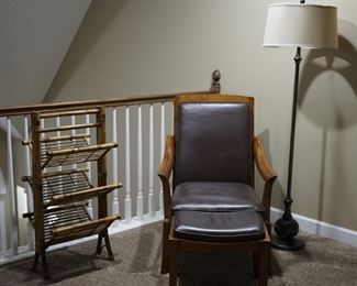 Bamboo magazine rack, leather chair and ottoman