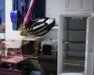 upright freezer and dog cages