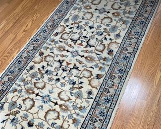 PERSIAN KASHAN RUNNER 12 FOOT X 2'7" COLORS OF WHITE, GREY AND BLUE, HAND WOVEN WOOL