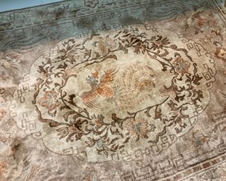 6X4 CHINA MADE SILK  ROOSTER BIRDS RUG WITH BEIGE , LIGHT BLUE, REDS AND YELLOWS. 100 % SILK PILE AND WARP