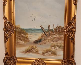 Hand painted beach scene, beautiful frame.