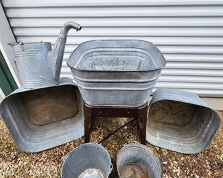 Galvanized Wash Tub on Stand and other Square Tubs, Pails, and Can.
