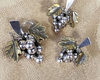 Taxco Sterling Silver Grape Earrings and Brooch