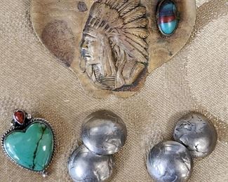 Sterling Heart, Buffalo Nickel Cuff Links, Native American Brooch