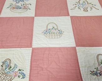 Amazing selection of handmade quilts and quilt tops. Quilt with basket embroidery measures 82x72
