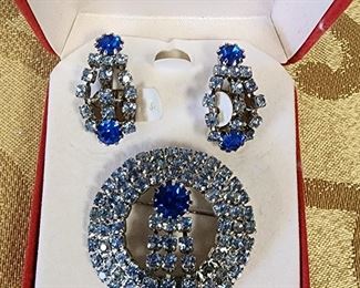 Blue Rhinestone Pin and Earring Set