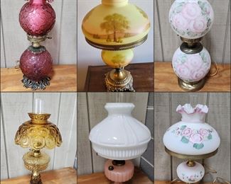 Fenton Lamps including Cranberry, Burmese and Satin Glass. Moon and Stars Lamp, and Aladdin Lamp.