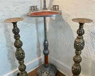 Victorian funeral card tray/ reception stand and 2 matching candle holders