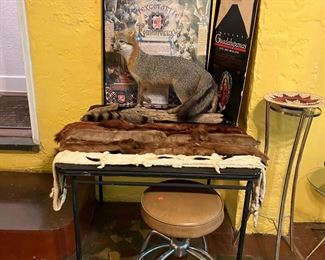 Soviet era poster, lots of mink stoles and mid century stool