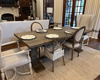 Gorgeous table from Anderson’s. Universal, Paula, Deen wing back chairs, two sets of mixed kitchen chairs.!