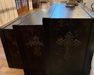 These are special nesting tables. They are engraved with crosses, and have metal crosses on the sides.