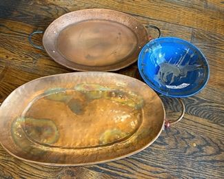 Along with beautiful copper trays there is a one of a kind signed pottery piece