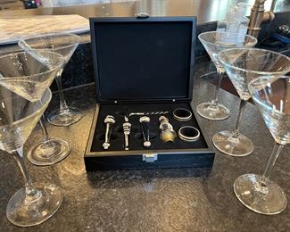 Line accessory, set new and it’s box along with six clear martini glasses