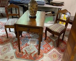 Drop leaf table, antique side chairs (4 available), rug