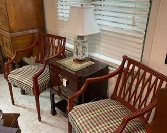 Pair of arm chairs, small two door stand