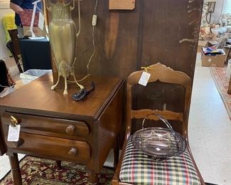 Drop leaf table, chair, art nouveau lamp