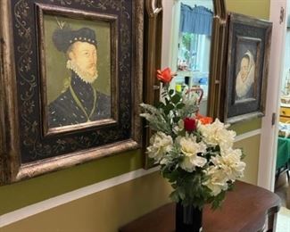 Reproduction medieval framed art, inlay mahogany game table, mirror