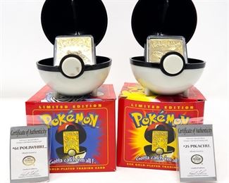 1999 Pokemon Gold Plated Trading Cards #25 Pikachu & #61 Poliwhirl W/ COA's And Box