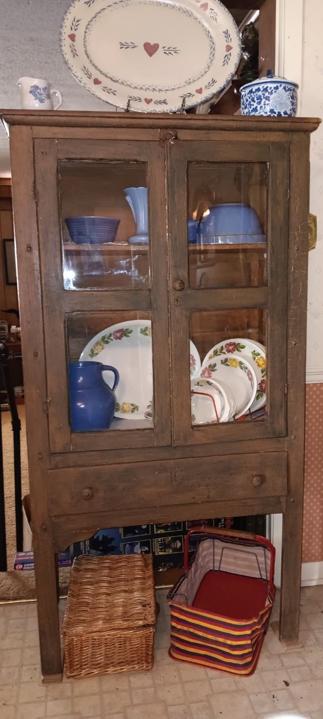 Great pie safe,pottery bowls and pitcher, McCarty,