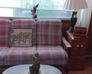 Early American sofa, unique side tables
