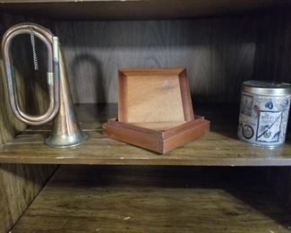 Brass Horn, Vintage CITGO Cigar box, Vintage Coffee Can