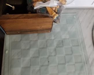 Glass Chess Board with wood box and wood chess pieces