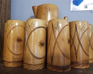 Jamaican Signed Wood Hand-Carved Hand-Crafted Pitcher and Cups