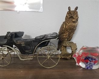 Metal Vintage Cart Buggy Car, Full Brass Owl, Glass Paper Weight