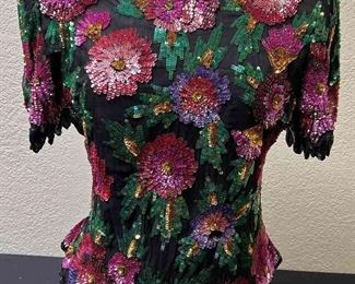 Laurence Kazer New York Floral Sequined Silk Blouse 