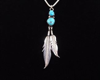 .925 Sterling Silver Navajo Sleeping Beauty Turquoise Feather Pendant Necklace
