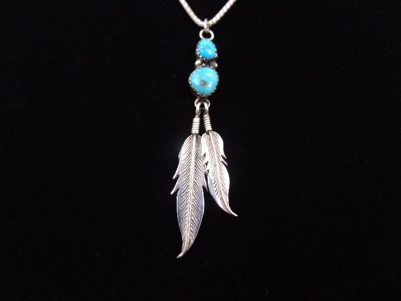 .925 Sterling Silver Navajo Sleeping Beauty Turquoise Feather Pendant Necklace
