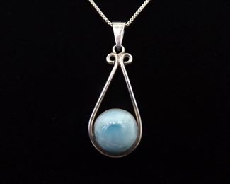 .925 Sterling Silver Larimar Cabochon Pendant Necklace
