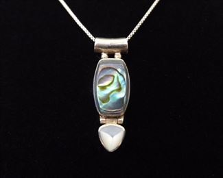 .925 Sterling Silver Inlayed Abalone and Pearl Pendant Necklace
